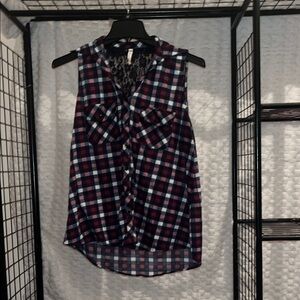 Purple Plaid Sleeveless Button Down Top